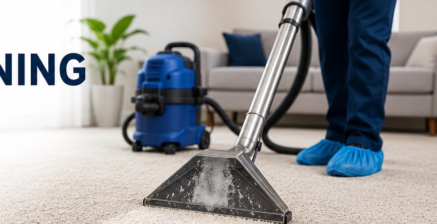 Professional carpet cleaning technician cleaning a carpet in an Edmonton home